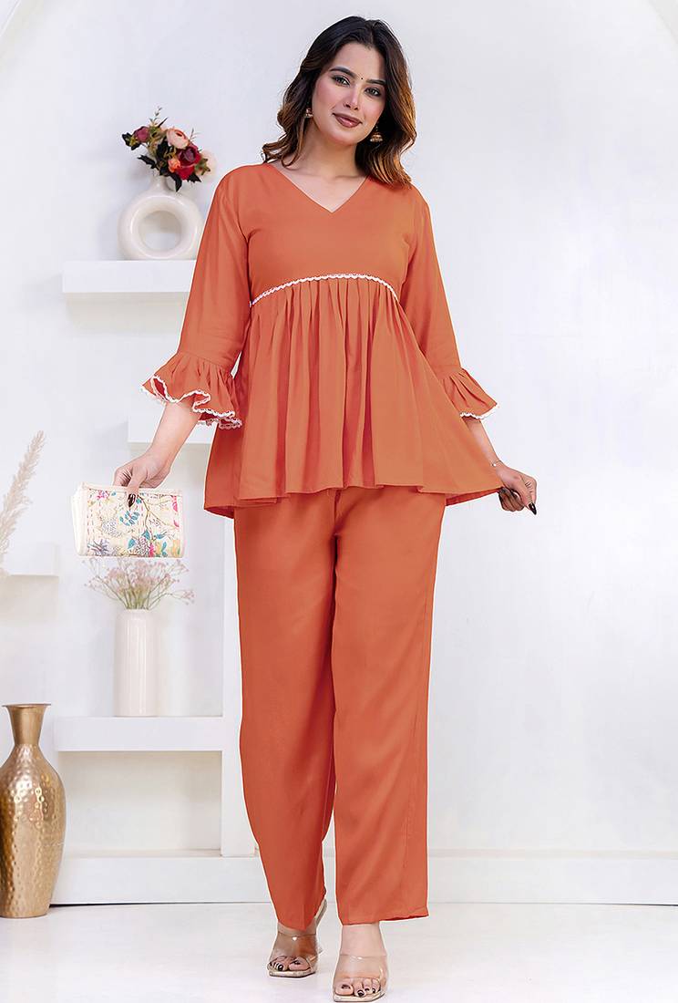 peach rayon v-neck lace flared co-ord set for women