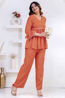 peach rayon v-neck lace flared co-ord set for women 2