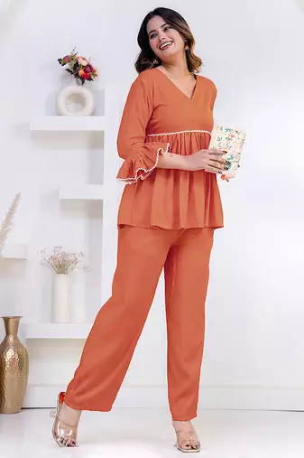 peach rayon v-neck lace flared co-ord set for women