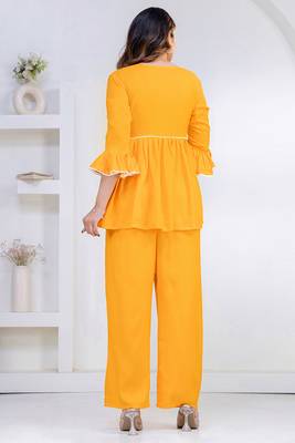 mustard rayon v-neck lace flared co-ord set for women 3