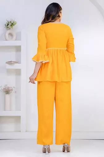 mustard rayon v-neck lace flared co-ord set for women