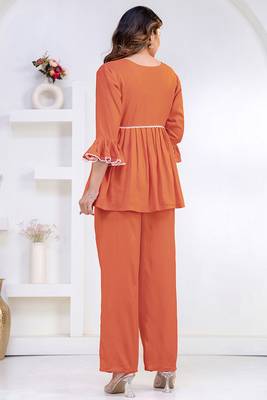peach rayon v-neck lace flared co-ord set for women 3