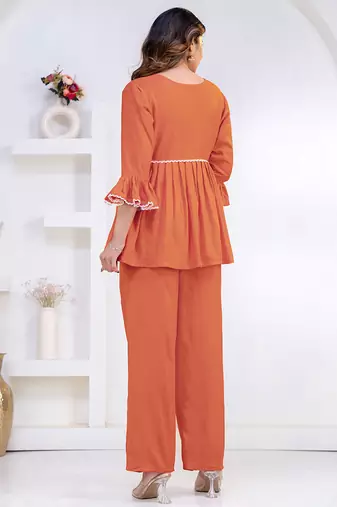 peach rayon v-neck lace flared co-ord set for women