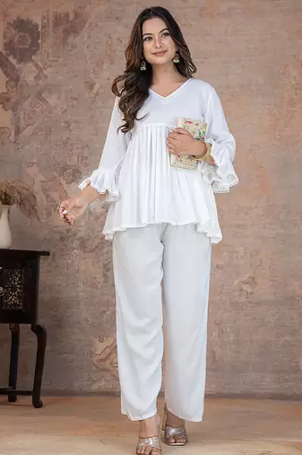 off white rayon stitched kurti set with lace