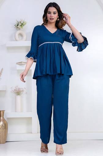 blue rayon v-neck lace flared co-ord set for women