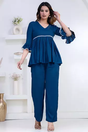 blue rayon v-neck lace flared co-ord set for women
