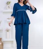 blue rayon v-neck lace flared co-ord set for women