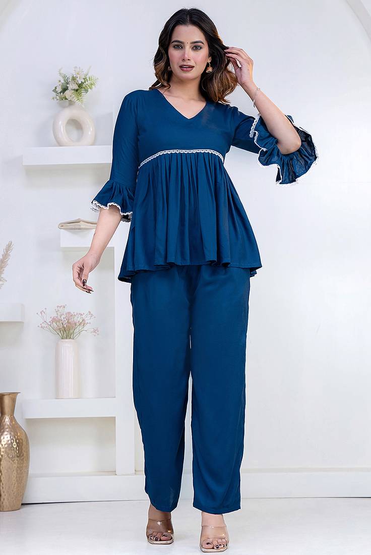 blue rayon v-neck lace flared co-ord set for women