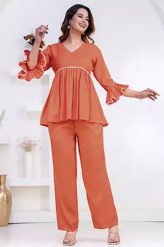 peach rayon v-neck lace flared co-ord set for women