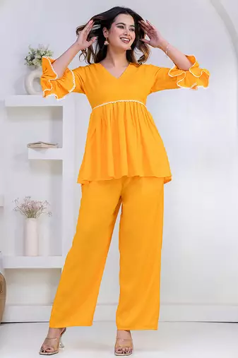 mustard rayon v-neck lace flared co-ord set for women