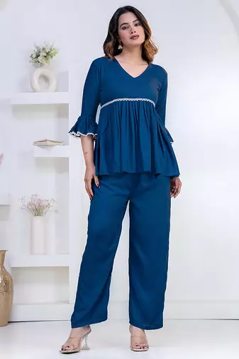 blue rayon v-neck lace flared co-ord set for women