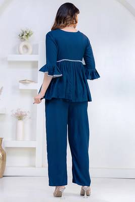 blue rayon v-neck lace flared co-ord set for women 3
