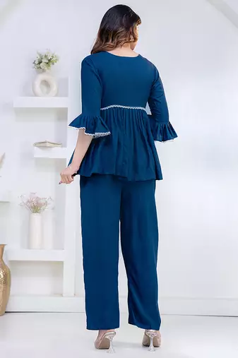 blue rayon v-neck lace flared co-ord set for women