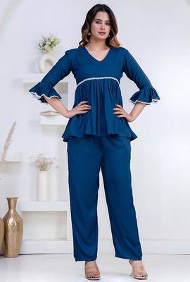 blue rayon v-neck lace flared co-ord set for women 4