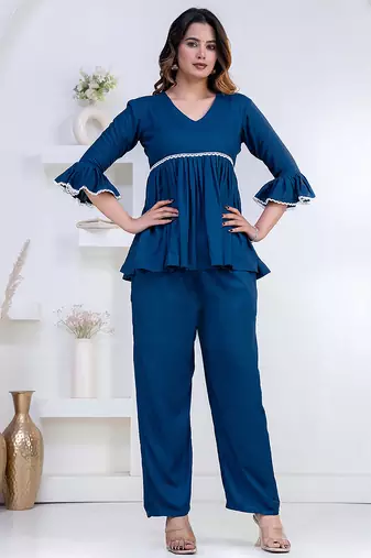 blue rayon v-neck lace flared co-ord set for women
