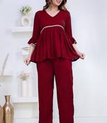maroon rayon v-neck lace flared co-ord set for women