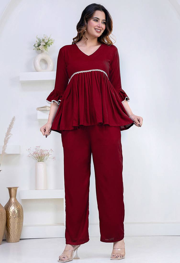 maroon rayon v-neck lace flared co-ord set for women
