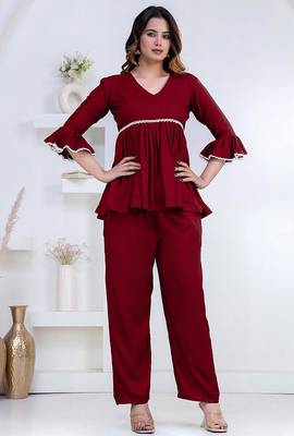 maroon rayon v-neck lace flared co-ord set for women 2