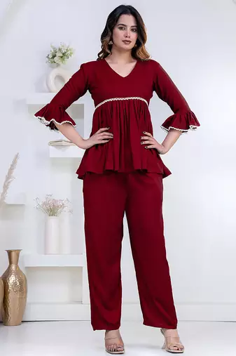 maroon rayon v-neck lace flared co-ord set for women