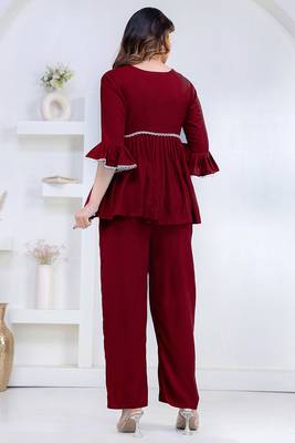 maroon rayon v-neck lace flared co-ord set for women 3