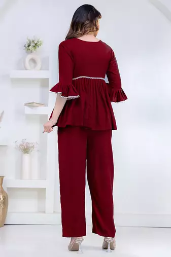 maroon rayon v-neck lace flared co-ord set for women