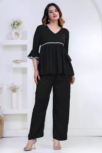 black rayon v-neck lace flared co-ord set for women