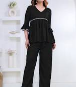 black rayon v-neck lace flared co-ord set for women