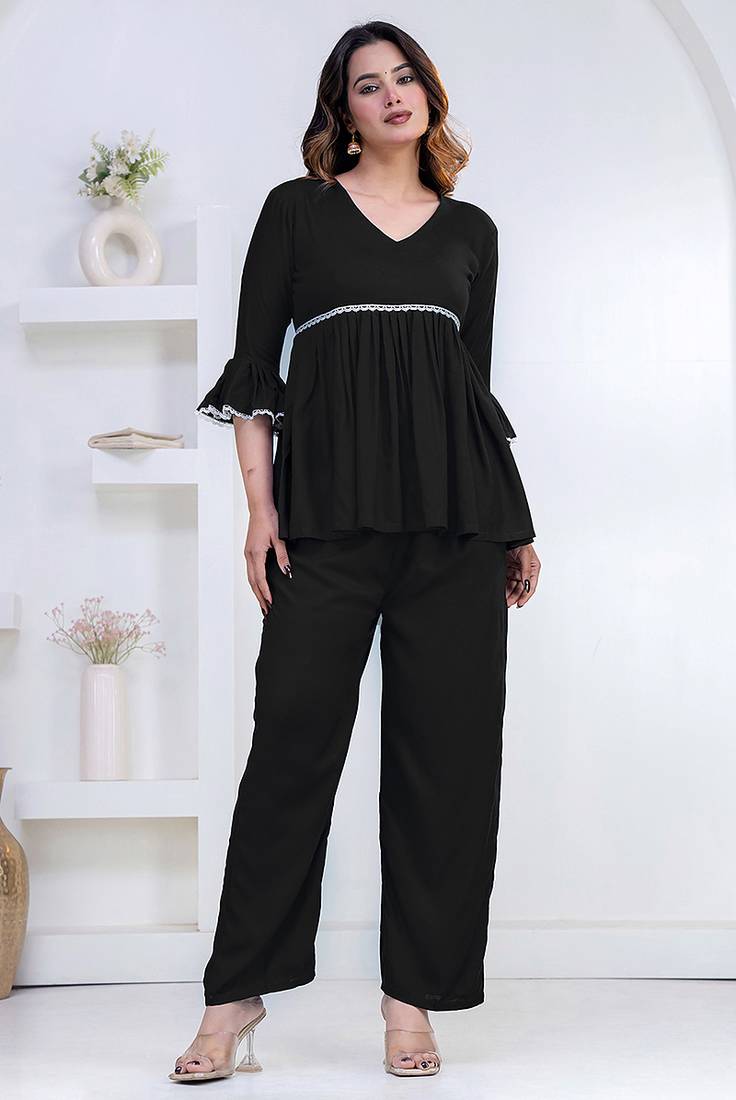 black rayon v-neck lace flared co-ord set for women