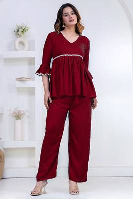 maroon rayon v-neck lace flared co-ord set for women 4