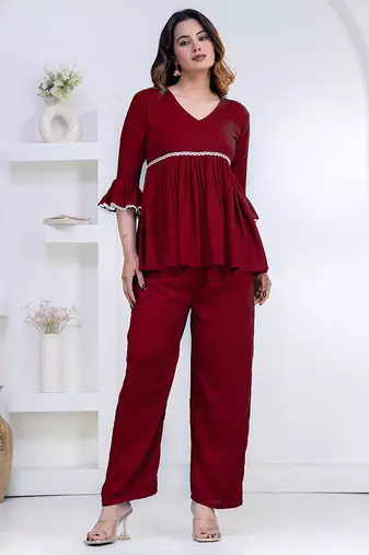 maroon rayon v-neck lace flared co-ord set for women