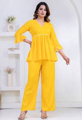 yellow rayon v-neck lace flared co-ord set for women 1
