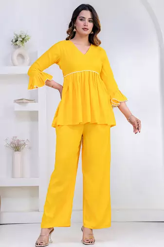 yellow rayon v-neck lace flared co-ord set for women
