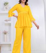 yellow rayon v-neck lace flared co-ord set for women
