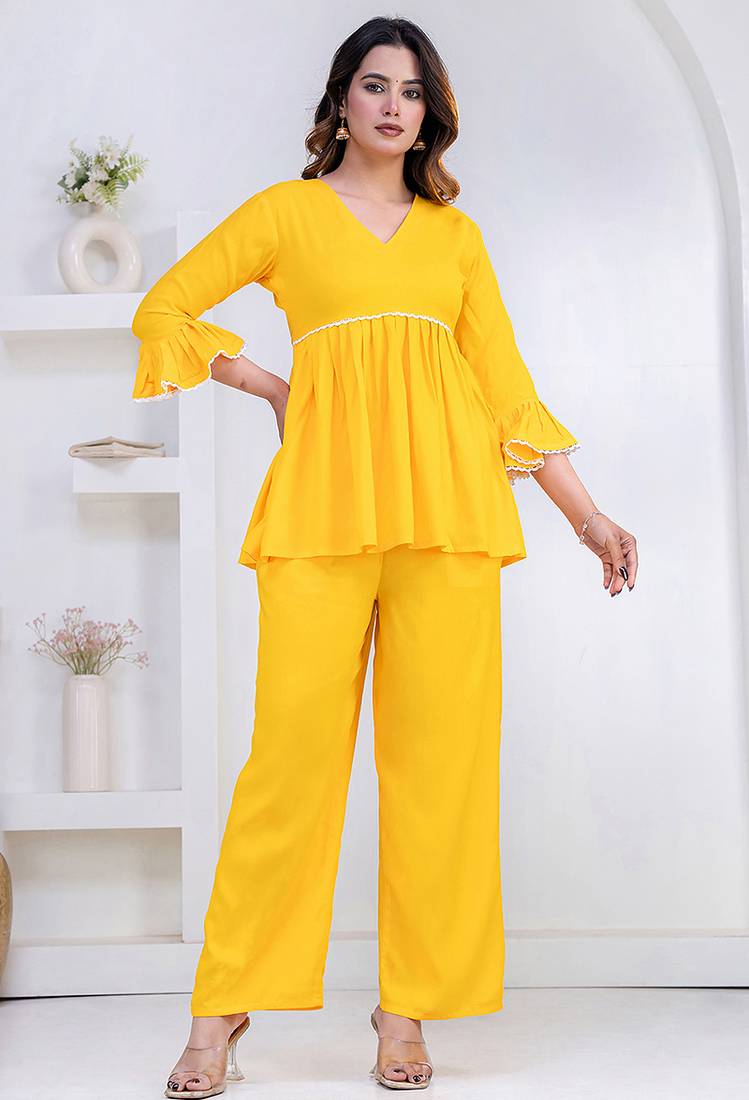 yellow rayon v-neck lace flared co-ord set for women