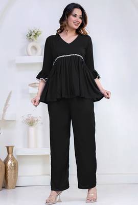black rayon v-neck lace flared co-ord set for women 2