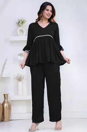black rayon v-neck lace flared co-ord set for women