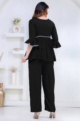 black rayon v-neck lace flared co-ord set for women 3