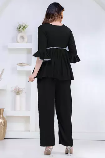 black rayon v-neck lace flared co-ord set for women