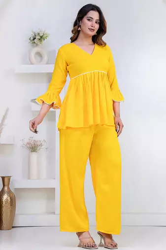 yellow rayon v-neck lace flared co-ord set for women