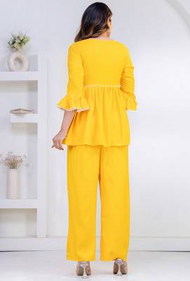 yellow rayon v-neck lace flared co-ord set for women 3