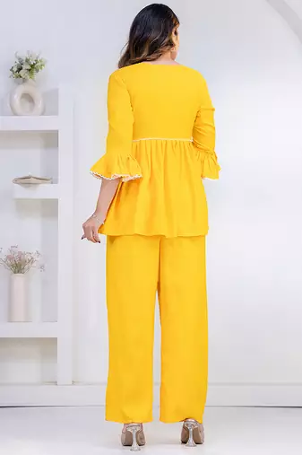 yellow rayon v-neck lace flared co-ord set for women