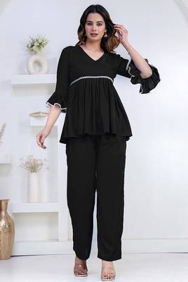 black rayon v-neck lace flared co-ord set for women 4