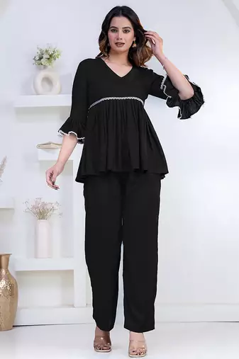 black rayon v-neck lace flared co-ord set for women