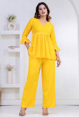 yellow rayon v-neck lace flared co-ord set for women 4