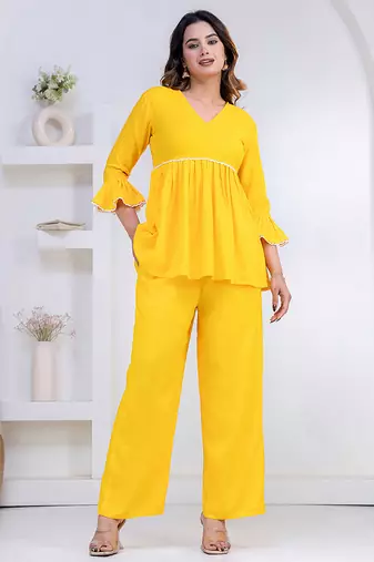 yellow rayon v-neck lace flared co-ord set for women