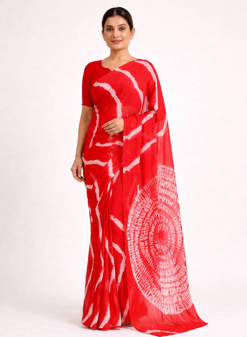 Red printed art silk saree with blouse piece