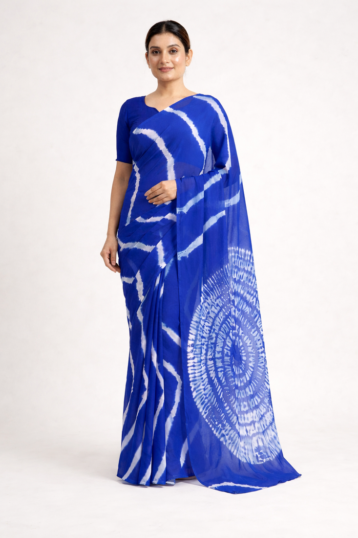 Royal blue printed art silk saree with blouse piece