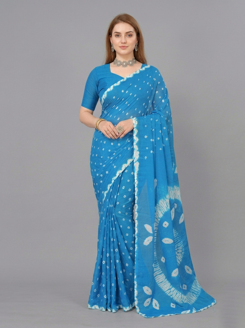 Blue printed art silk saree with blouse piece