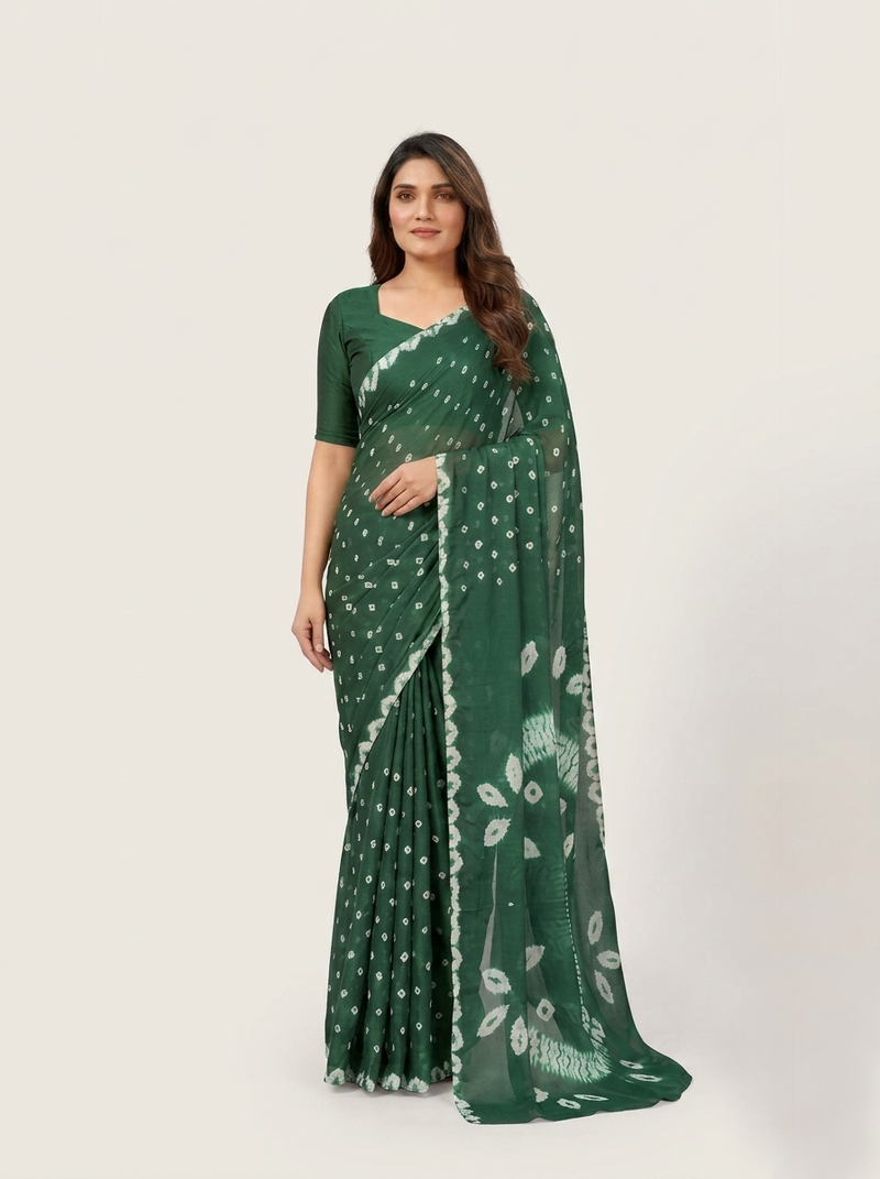 Dark green printed art silk saree with blouse piece