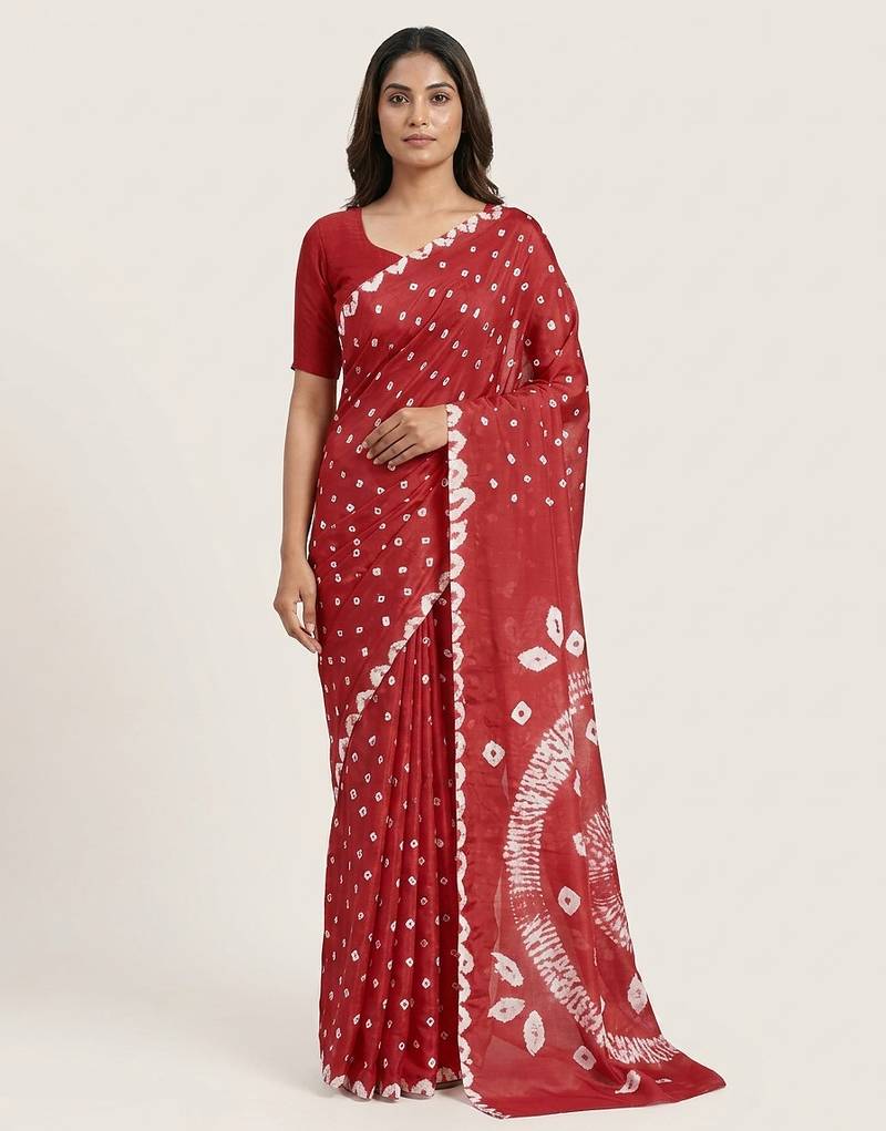 Dark red printed art silk saree with blouse piece